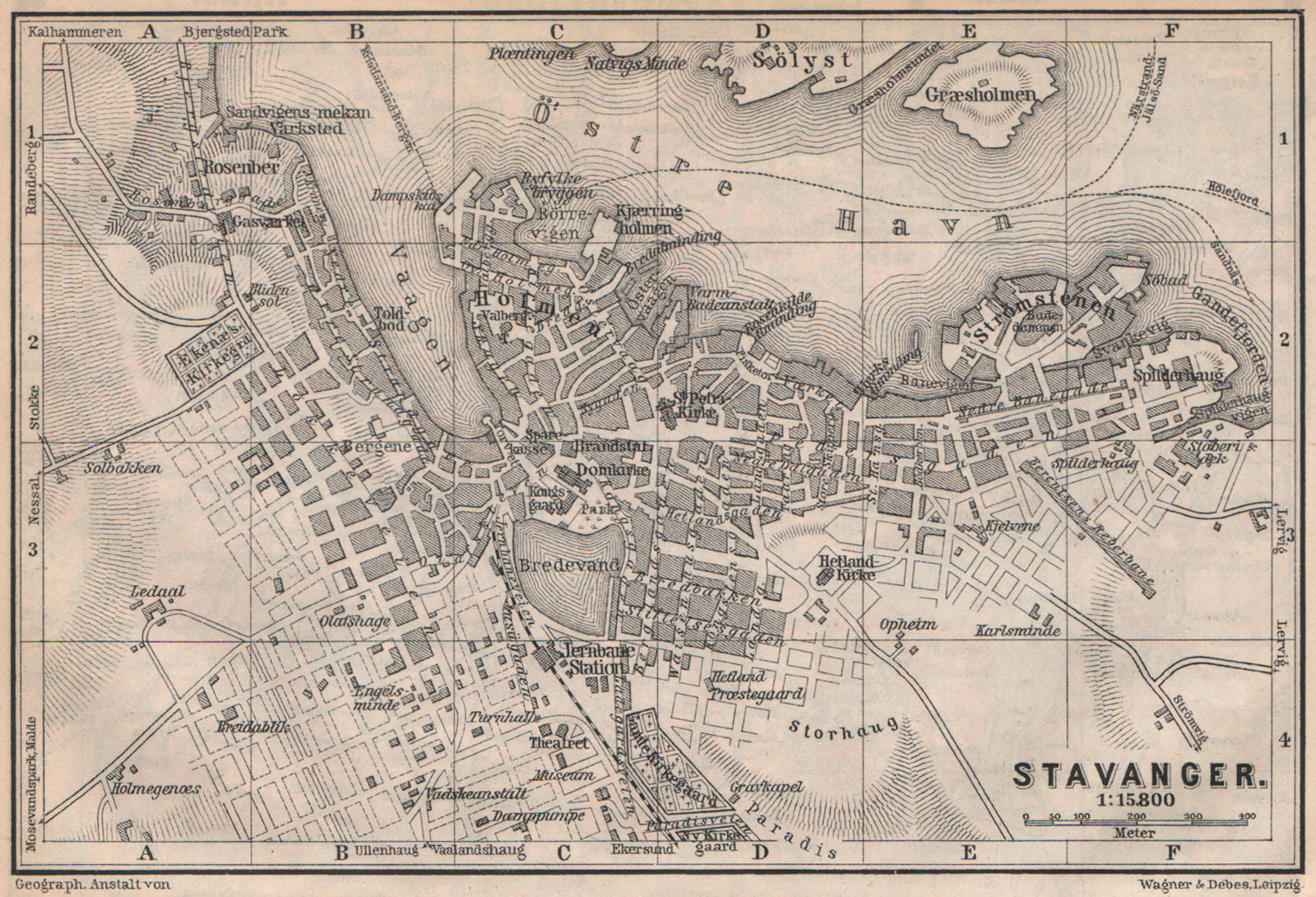 STAVANGER antique town city byplan. Norway kart. BAEDEKER 1899 old map